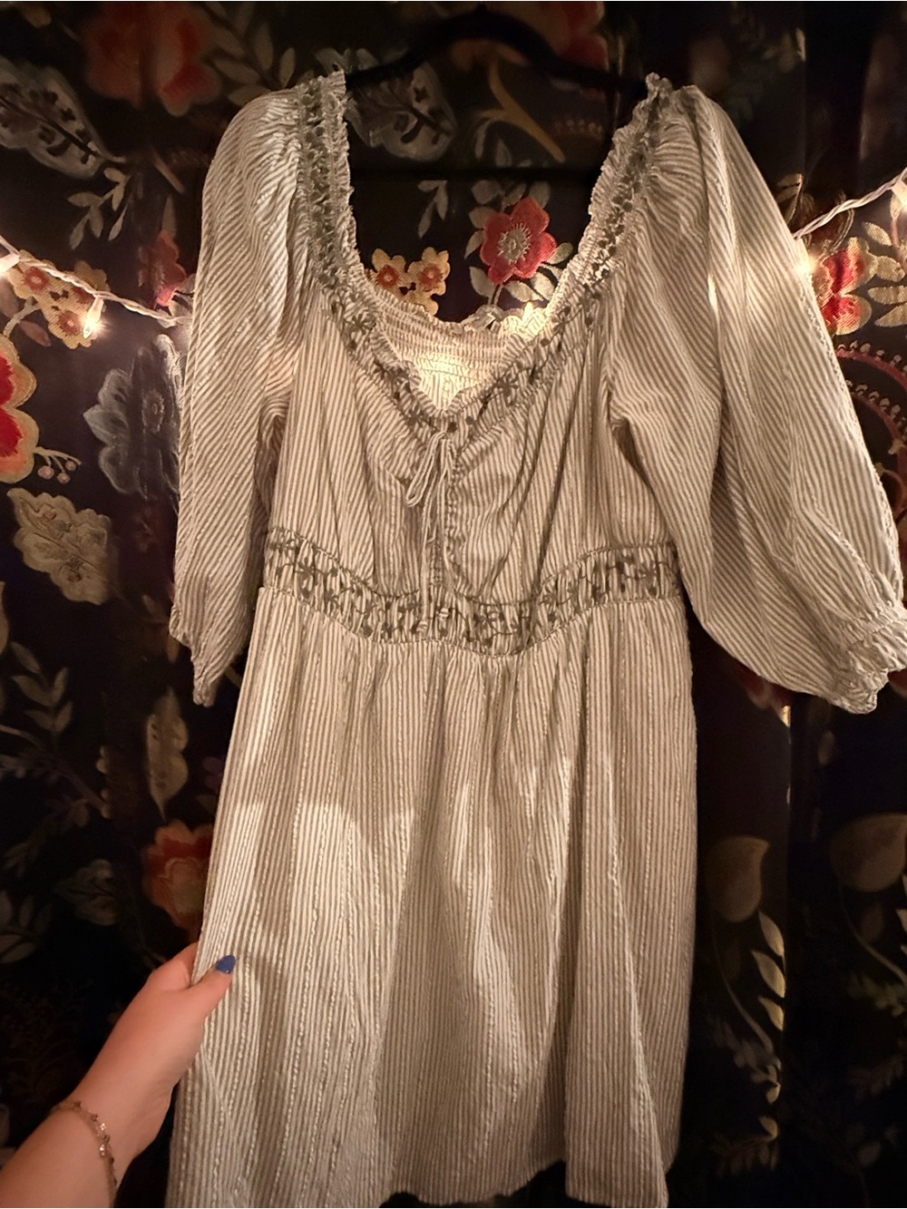 Striped Peasant Dress in Light Green and White
